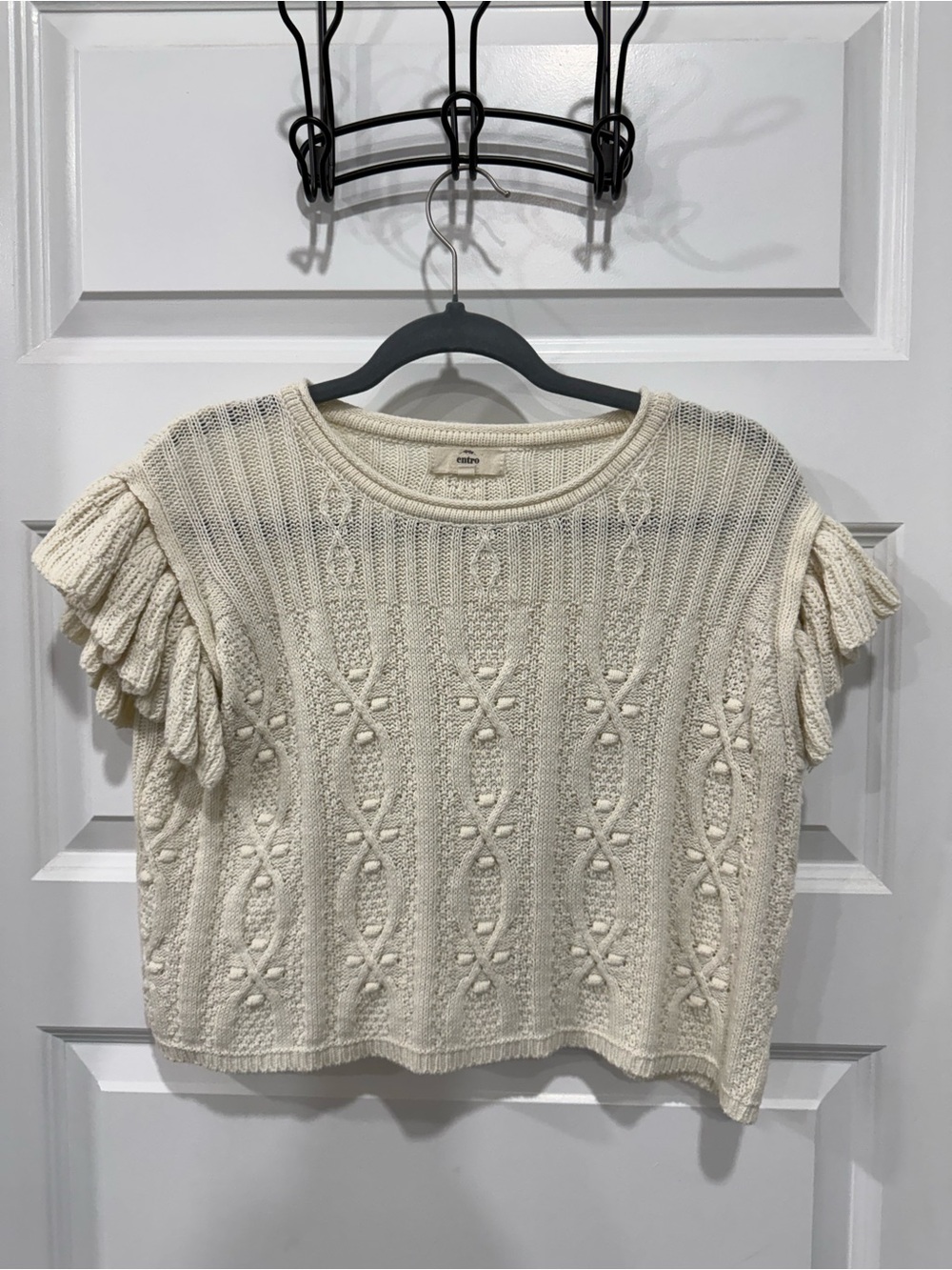 Entro Cream Knit Ruffle Sleeve Top